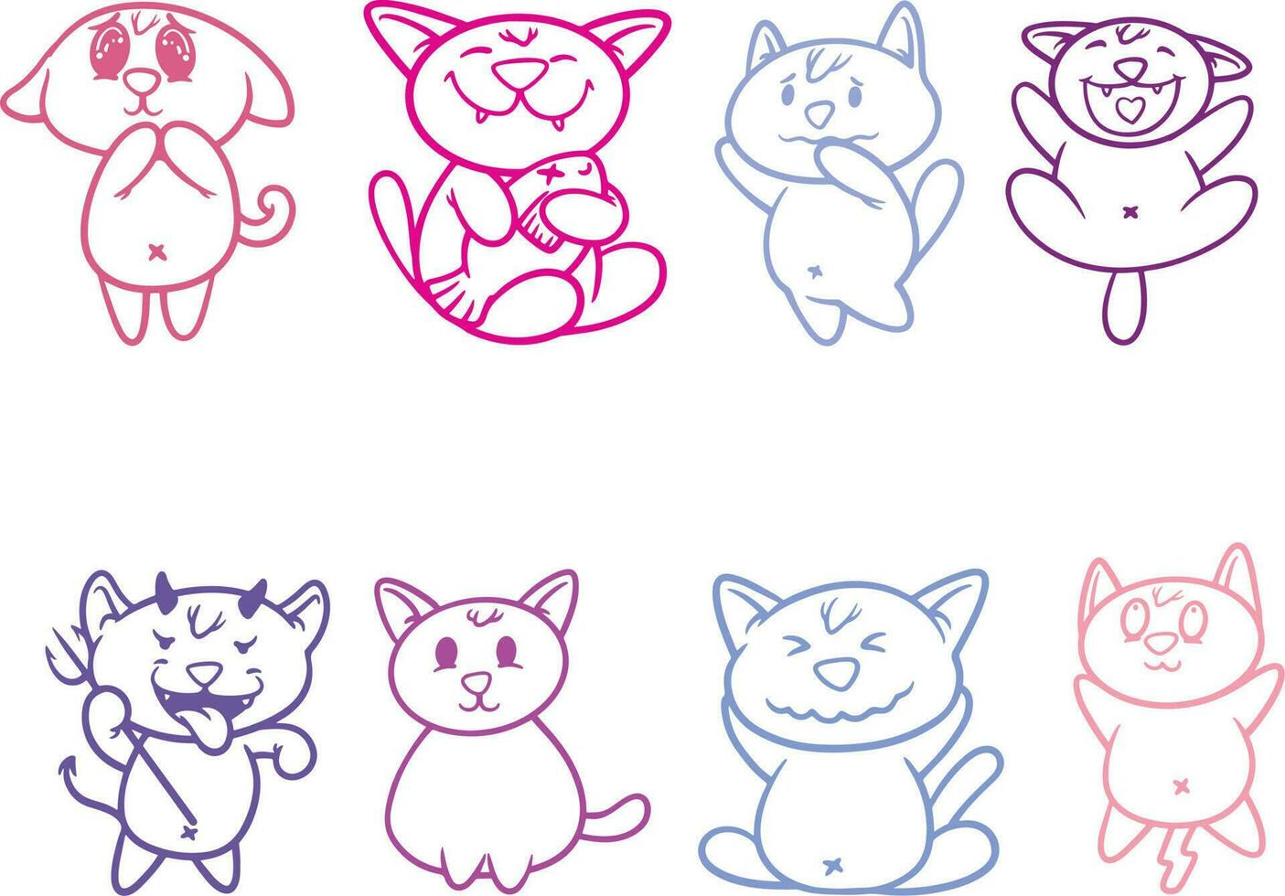 Cute cartoon cats. Hand drawn line art style. Vector illustration.