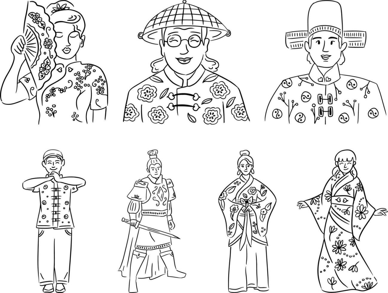 illustration of a set of people, Korean people in traditional clothes. Set of vector outline illustrations. Line Art Vector