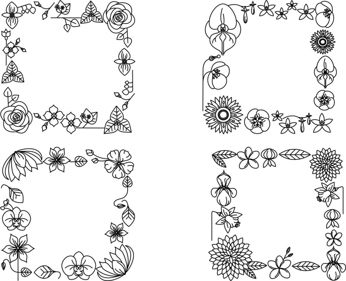 Set of frames with flowers and butterflies. Vector illustration in doodle style.