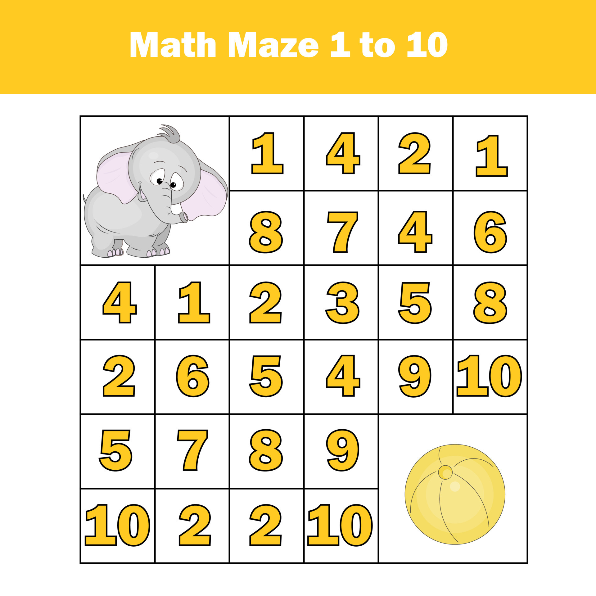 Maze game. Mathematics labyrinth with numbers. Counting from one to ten