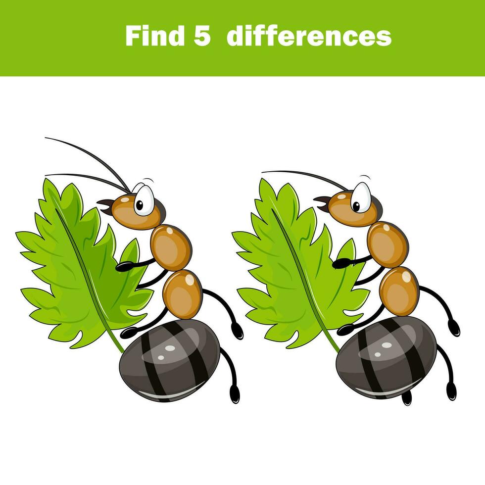 Find the differences educational children game. Kids activity sheet with ant. vector