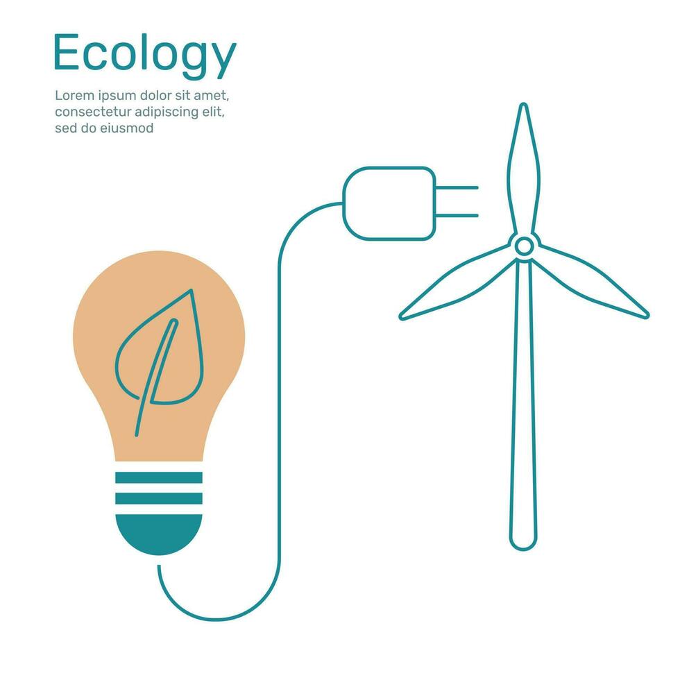 Leaf in Light bulb with plug to wind turbine, ecology concept nature conservation. Vector design illustration.