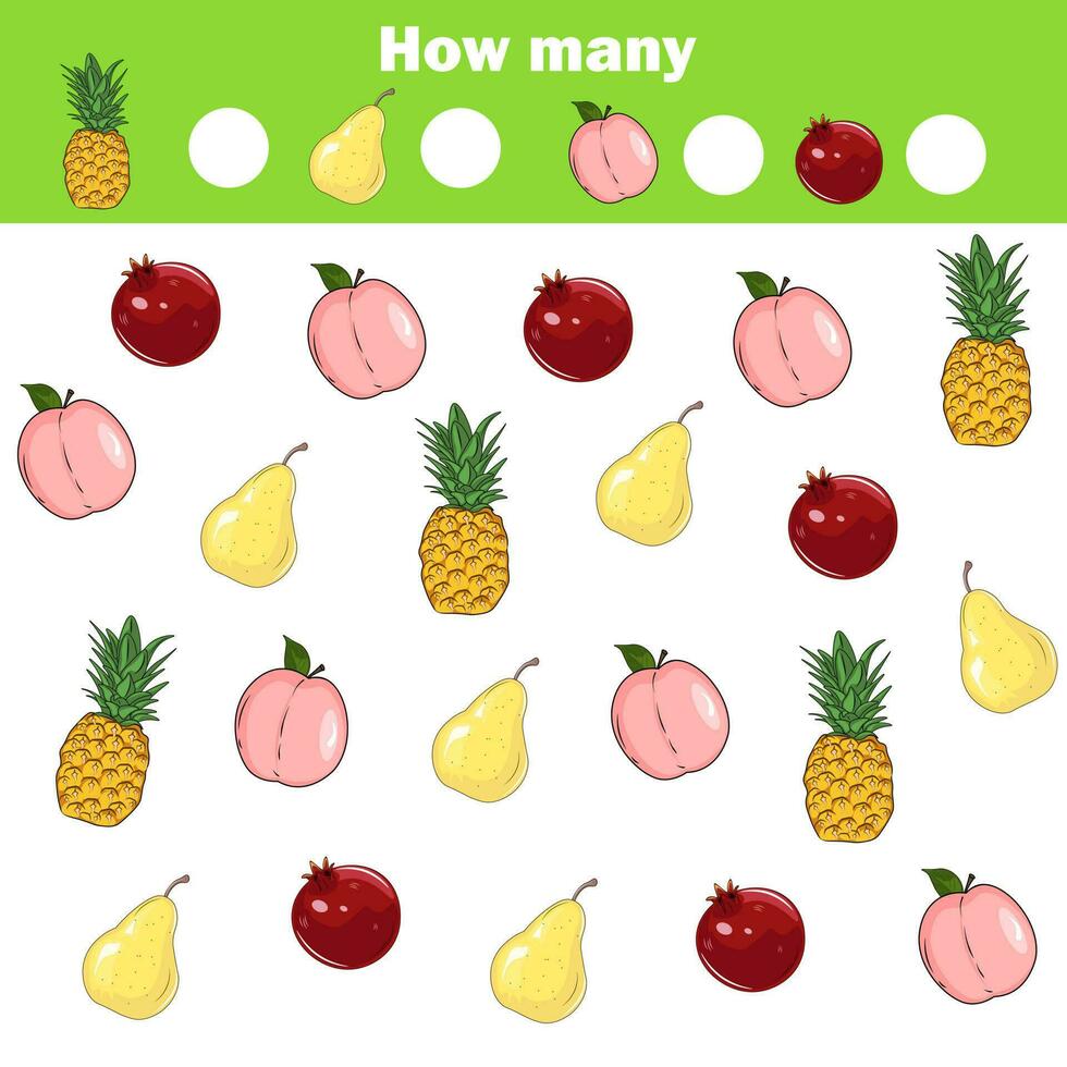 Counting educational children game, math kids activity sheet. How many objects task. Learning mathematics, numbers vector