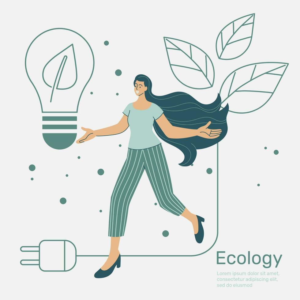 mujer caminando en línea hoja, verde ciudad con ecología naturaleza conservación, ambiental proteccion. vector diseño ilustración.