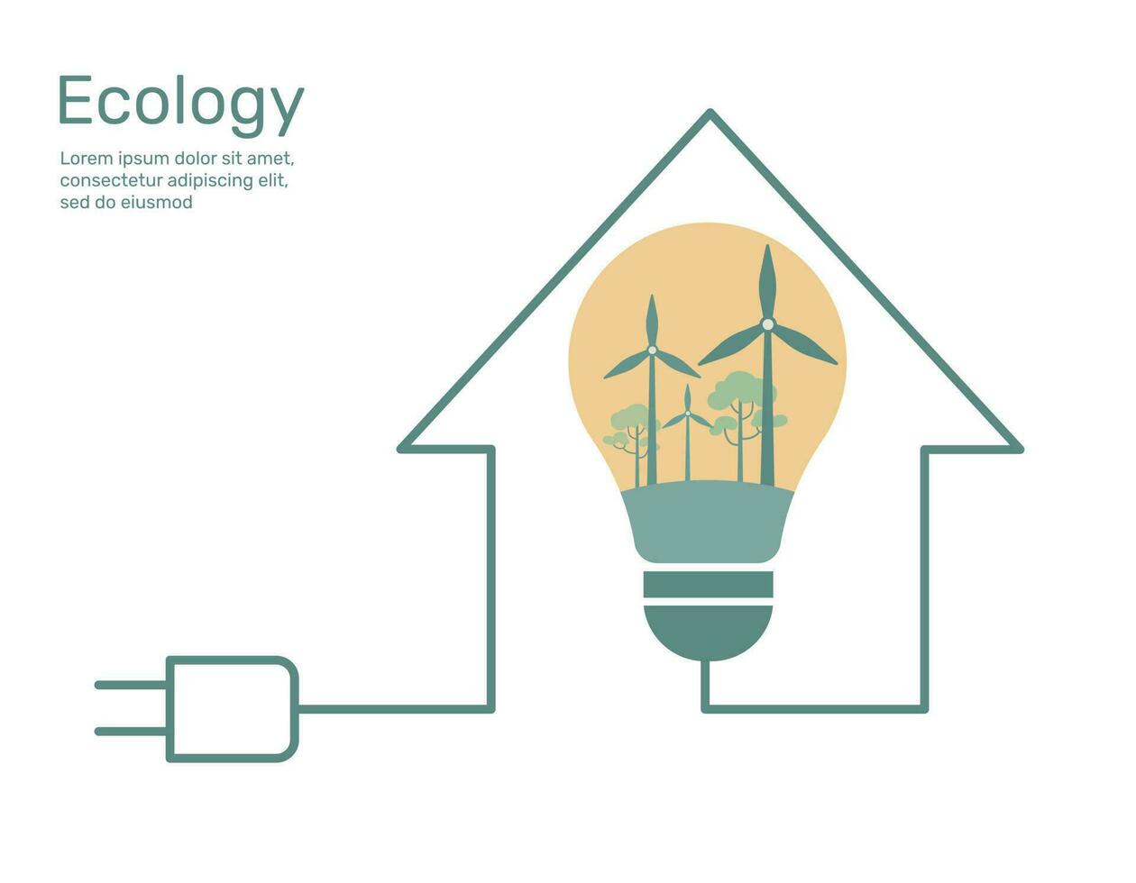 Wind turbine and tree with light bulb in line house, nature conservation concept, Environmental protection. Vector design illustration.