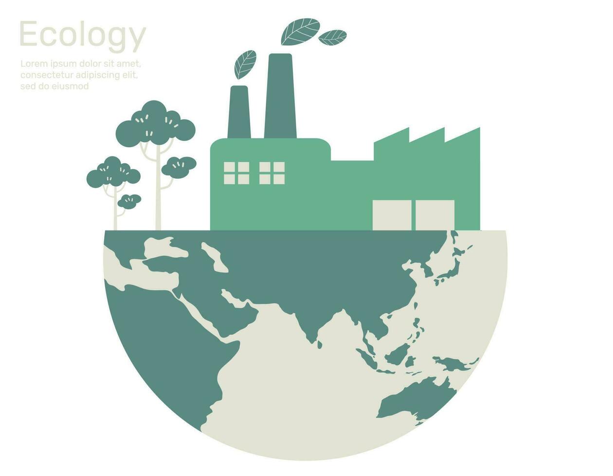 Green factory with leaves and tree on globe, Green city life ecology concept.  Vector design illustration.