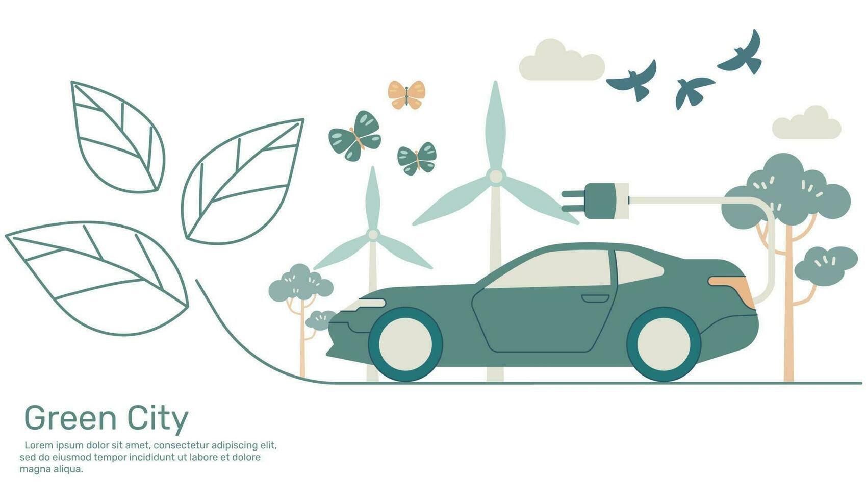Electric Sport car on line leaf Green city with ecology earth nature conservation. Vector design illustration.