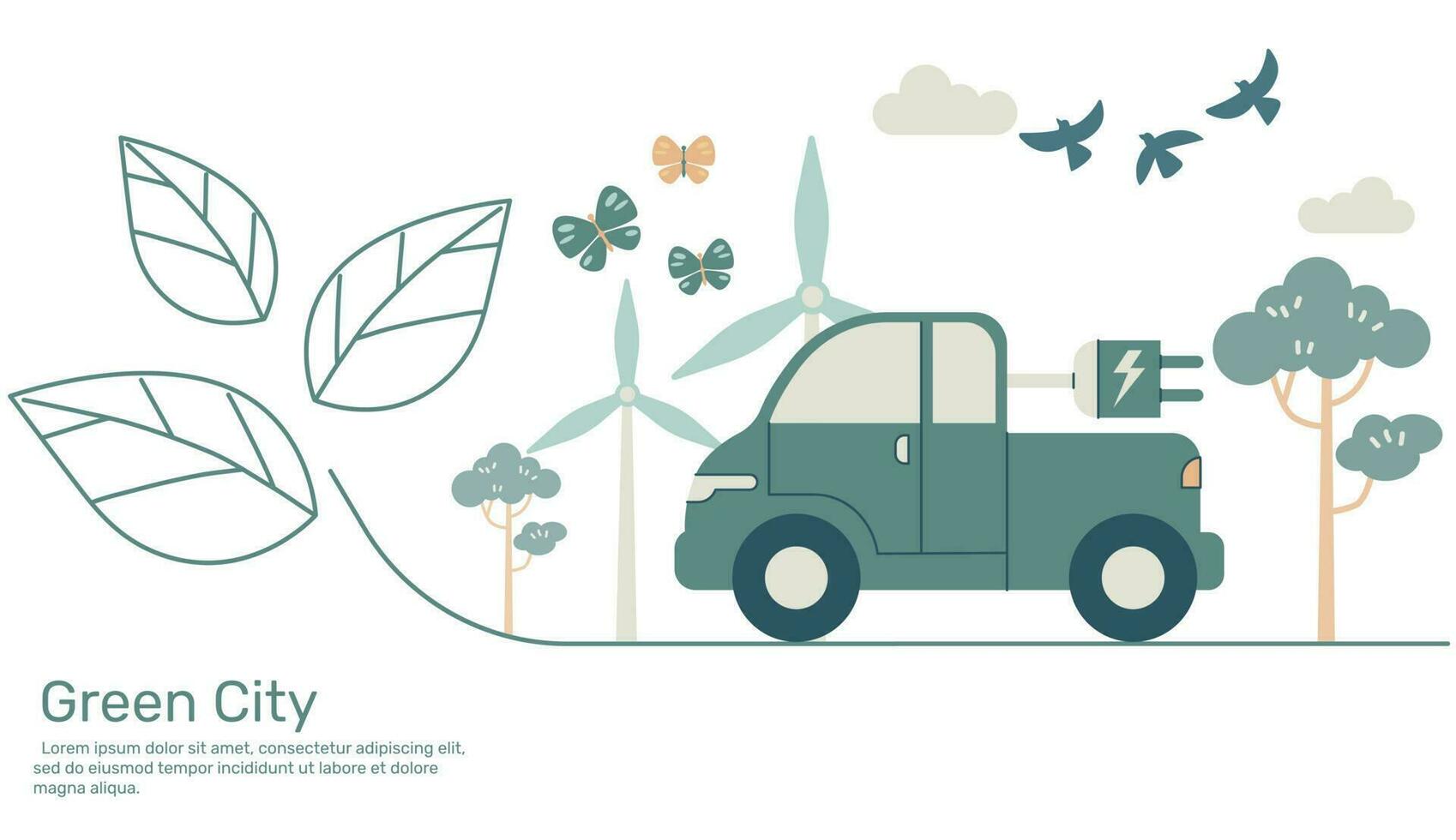 Electric pickup truck on line leaf, Green city with ecology earth nature conservation. Vector design illustration.
