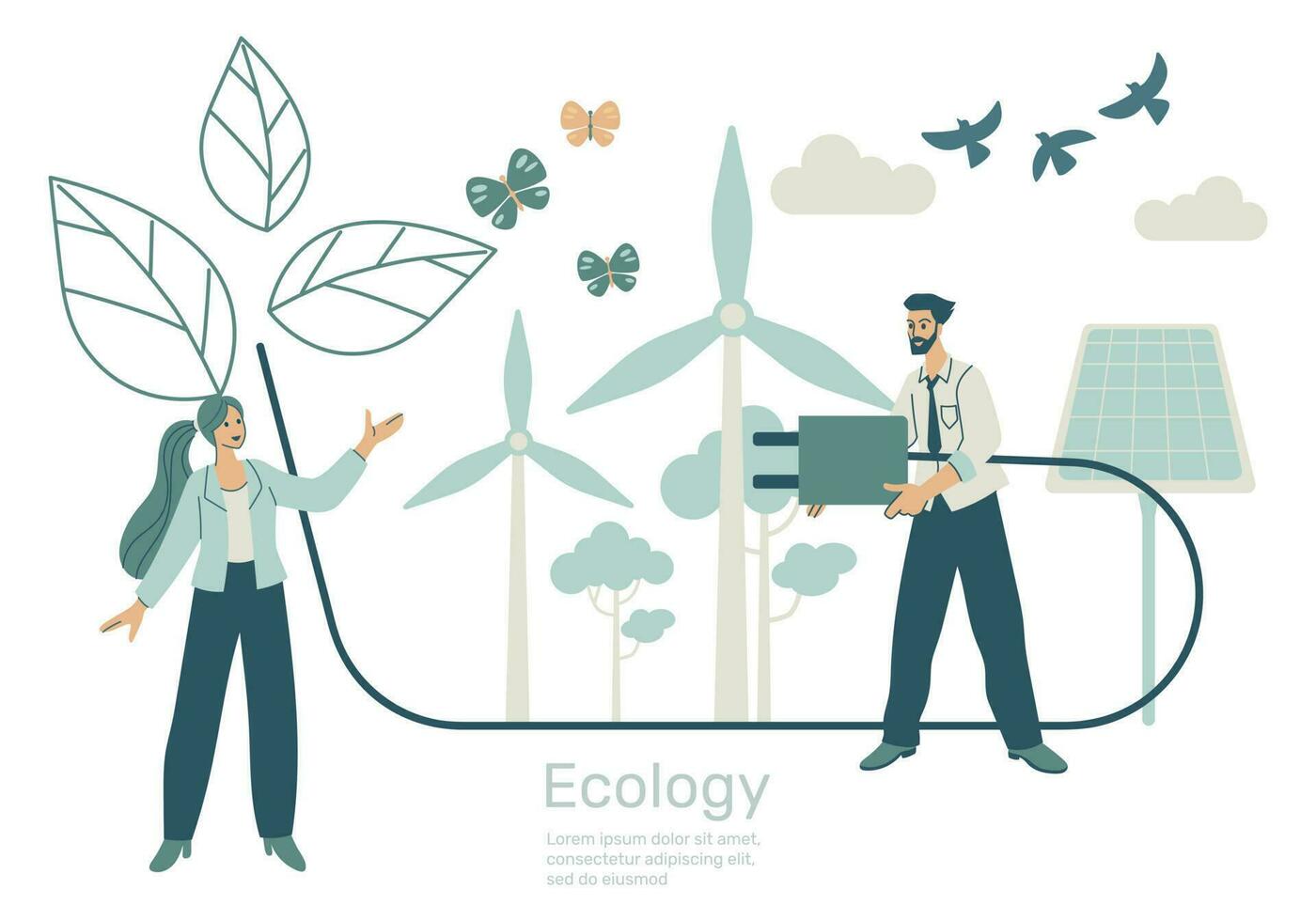 Woman and Man holding plug on line leaf,  Green city with ecology nature conservation, Environmental protection. Vector design illustration.