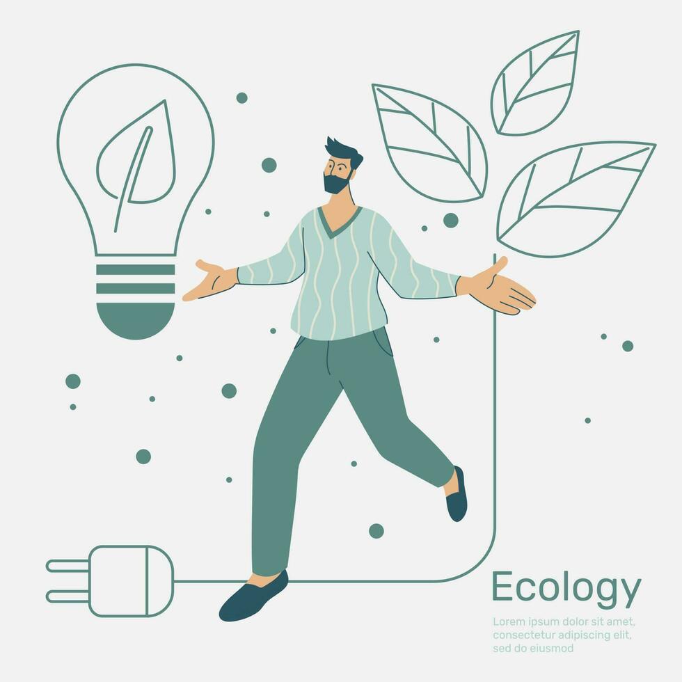 Man walking on line leaf, Green city with ecology nature conservation, Environmental protection. Vector design illustration.