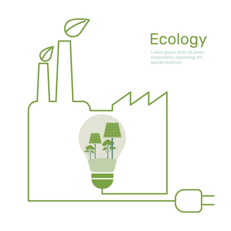 Solar panels in light bulb with green factory, Ecology nature conservation. Vector design illustration.