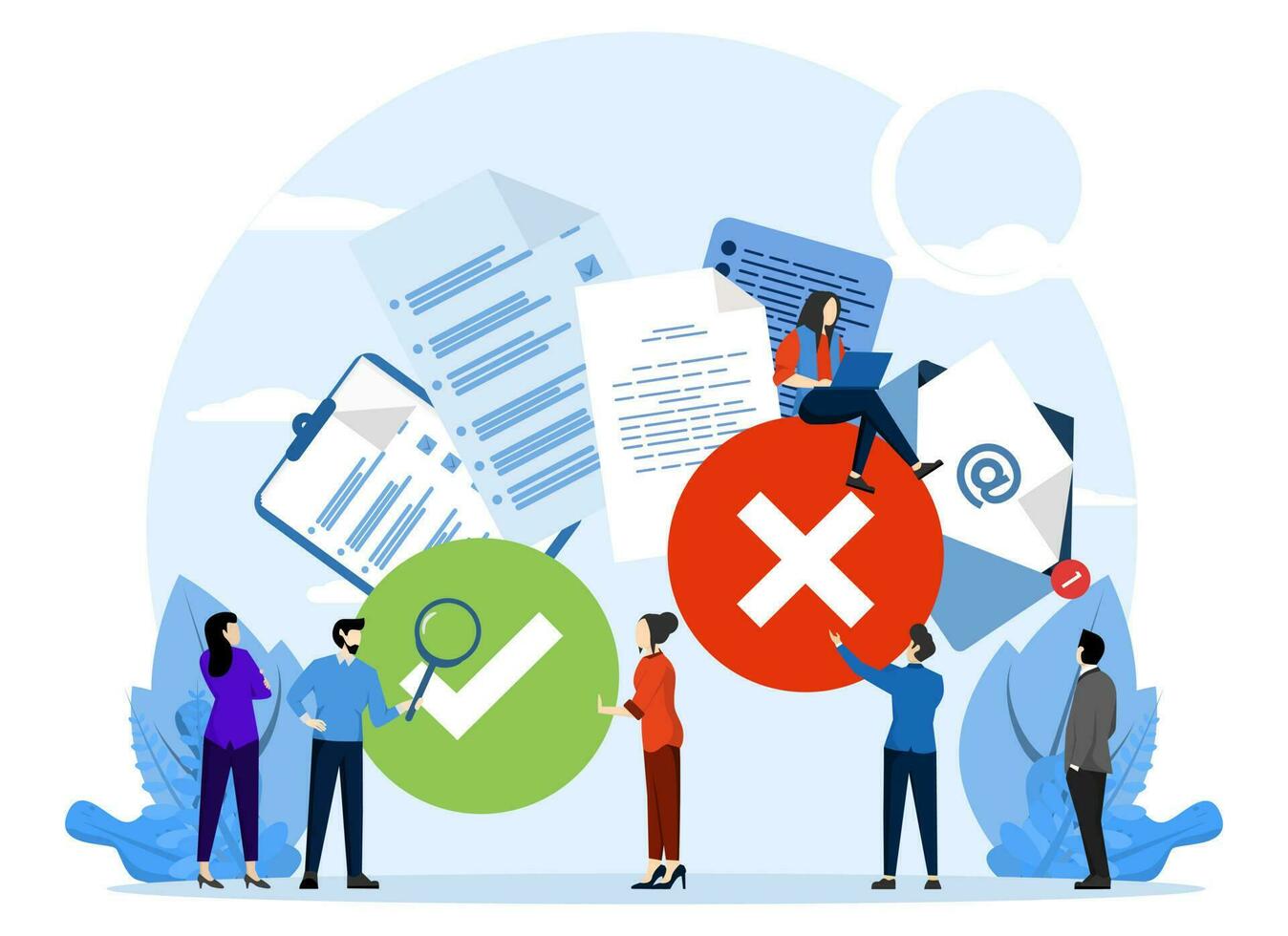 Decision making concept illustration. the business team chooses the option between yes and no. Choice, problem and decision concept. Vector illustration in flat cartoon style