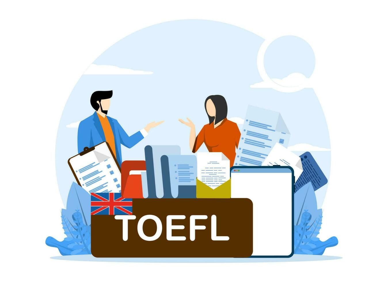 TOEFL english exam concept. Exam of English as a foreign language. Flat style vector illustration concept with people characters