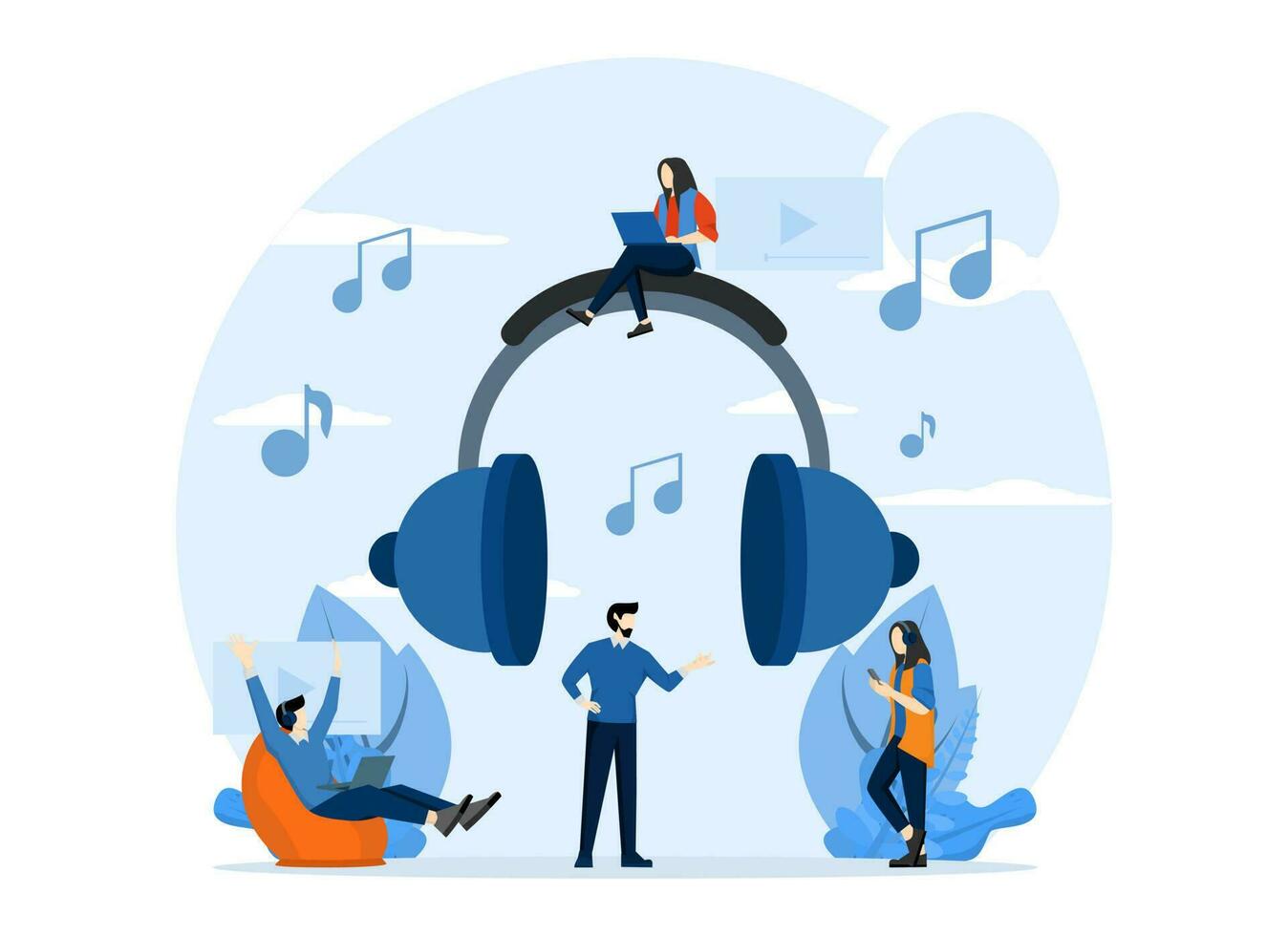 Concept of listening to internet online radio streaming, relaxed people listening. Music blog, sound recording studio. Music application, online song playlist. Illustration for poster, blog, banner. vector