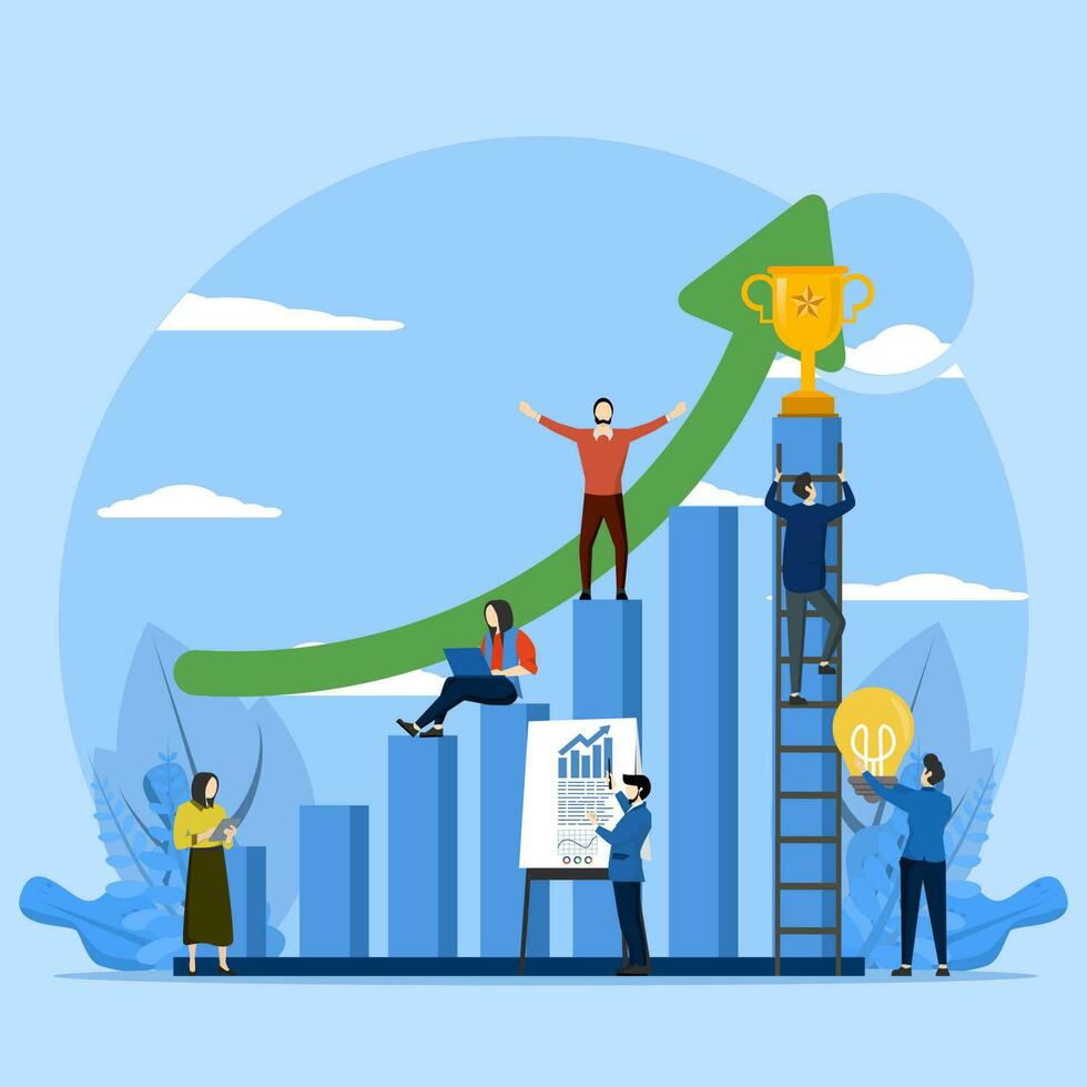 target achievement concept, people running to their goal in column, Business Team Success with Trophy. motivation move up, path to achieve target, vector flat illustration.