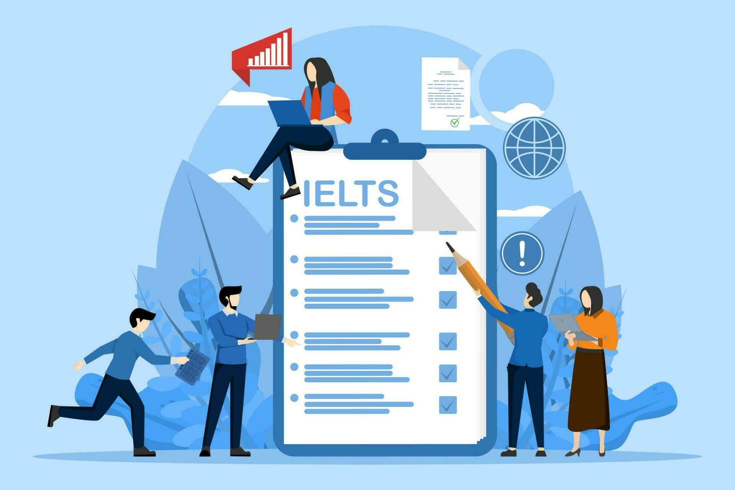 IELTS International English Language Testing System. with the character of a small person with an English proficiency test. Flat vector illustration concept.