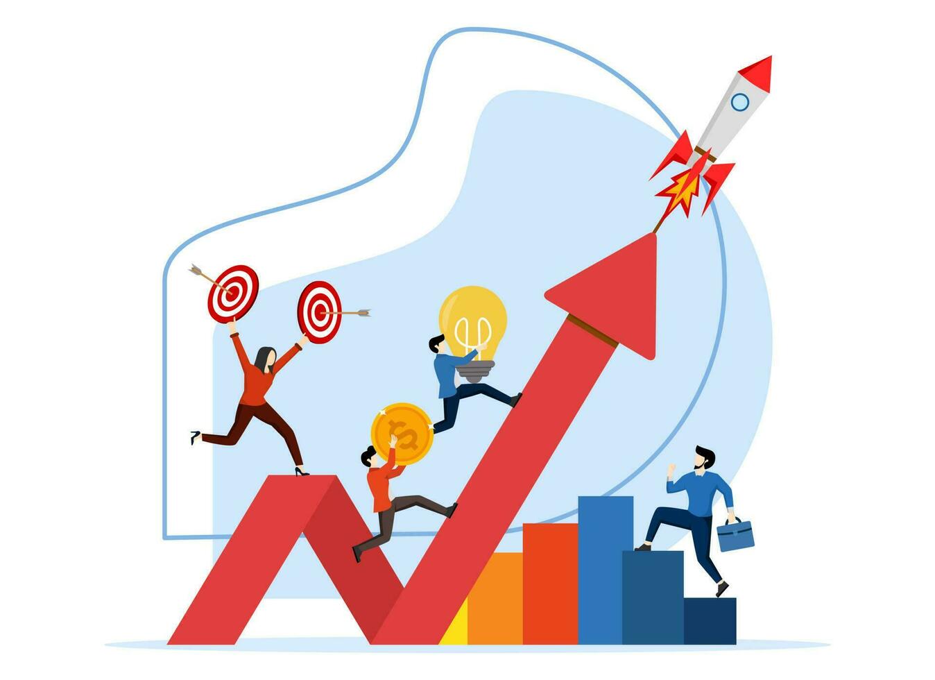 teamwork on start-up project startup. people running rocket, investment, idea, new project launch metaphor. the company launched a new acceleration product started. vector illustration teamwork