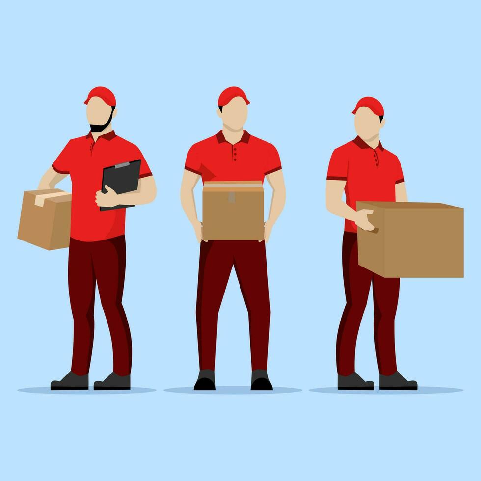 delivery service concept with male character. Delivery man set with carton box in hand. Courier in hat with parcel. Vector illustration