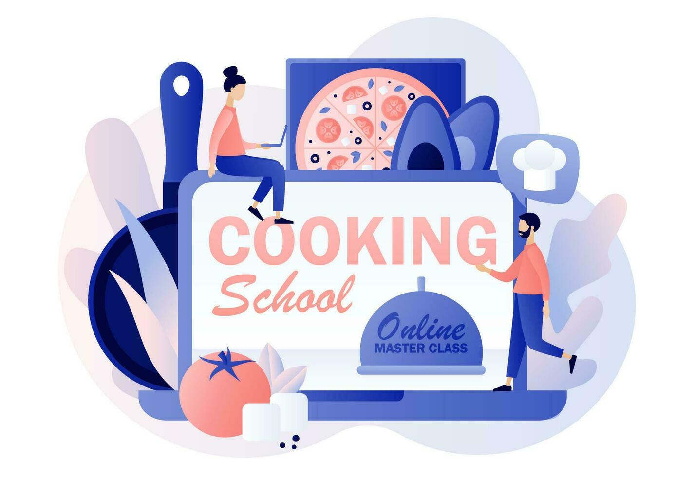 Cooking school text on laptop screen. Tiny people with kitchen tools and foods learns to cook in culinary online master class. Modern flat cartoon style. Vector illustration on white background