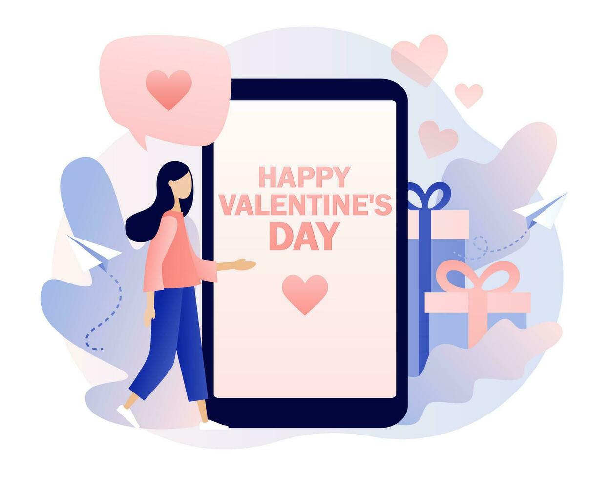 Happy Valentines day - text on smartphone screen. Tiny people in love greet each other. Romantic relations and date. Modern flat cartoon style. Vector illustration on white background