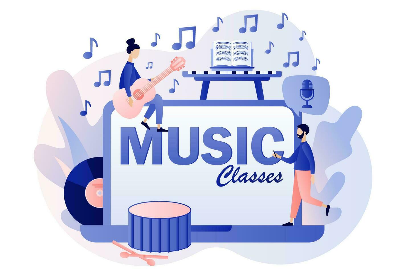 Music class - text on laptop screen. Online education. Vocal lessons. Tiny musicians with music notebook, microphone, guitar, keyboard, drum. Modern flat cartoon style. Vector illustration