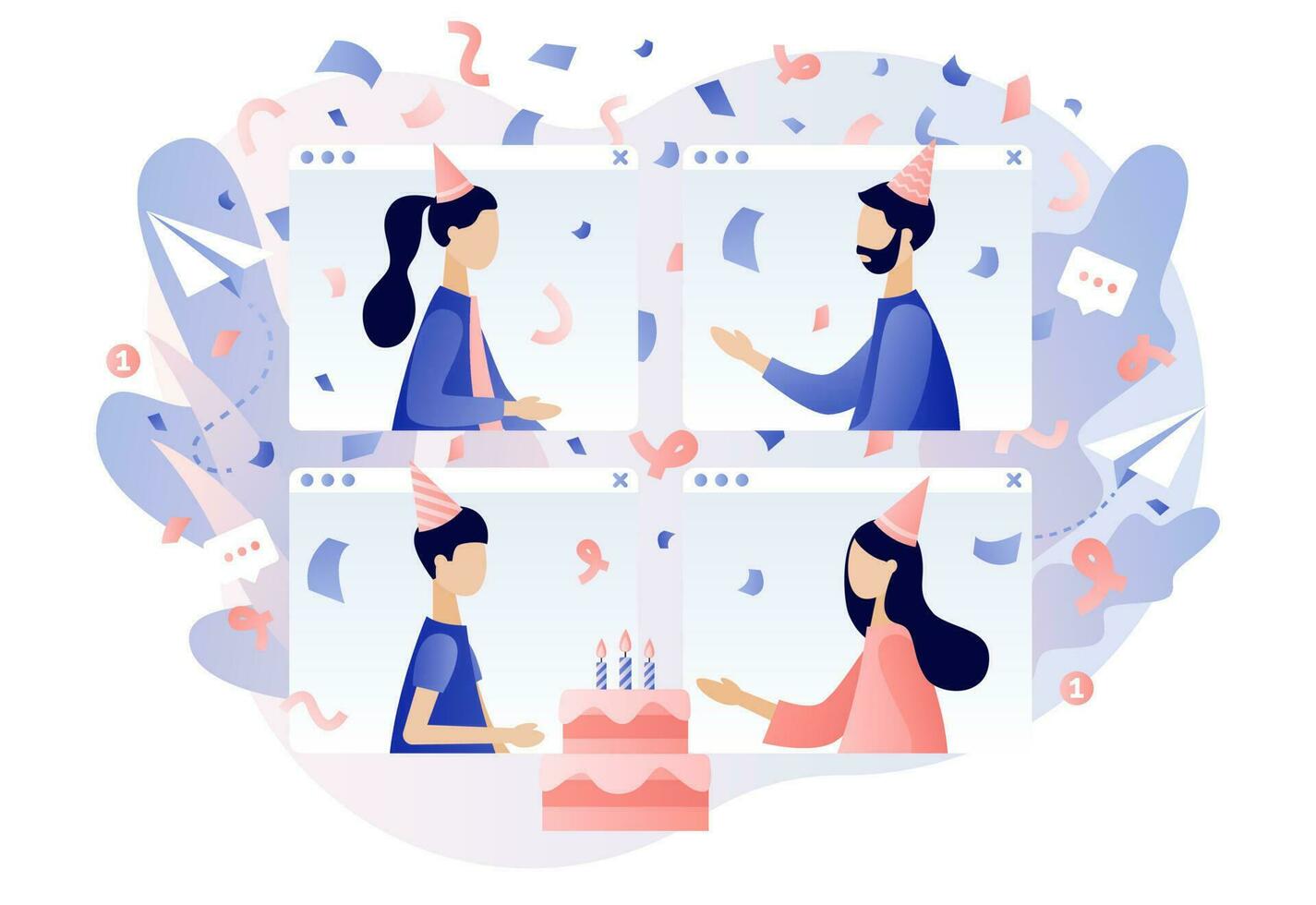 Online party. Tiny people in festive hats celebrating online birthday party. Quarantine birthday. Self-isolation party. Modern flat cartoon style. Vector illustration on white background