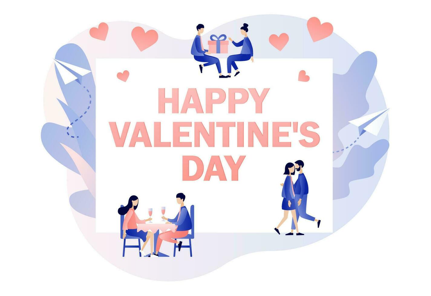 Happy Valentines day - text on greeting card. Tiny people in love greet each other. Romantic relations and date. Modern flat cartoon style. Vector illustration on white background