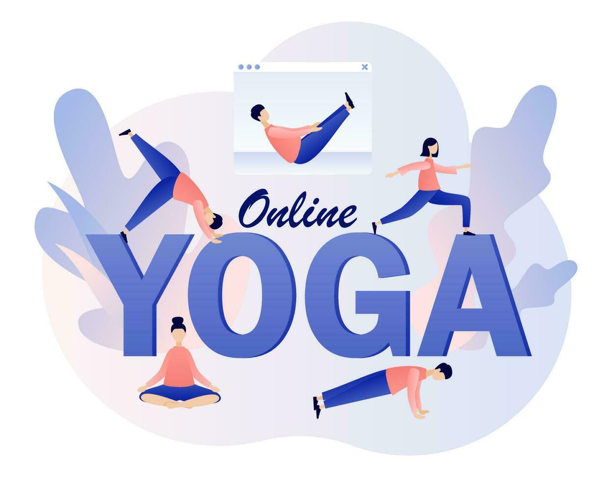 Yoga online - big text. Tiny people in different yogic poses practicing hatha yoga and meditation. Stay home concept. Modern flat cartoon style. Vector illustration on white background