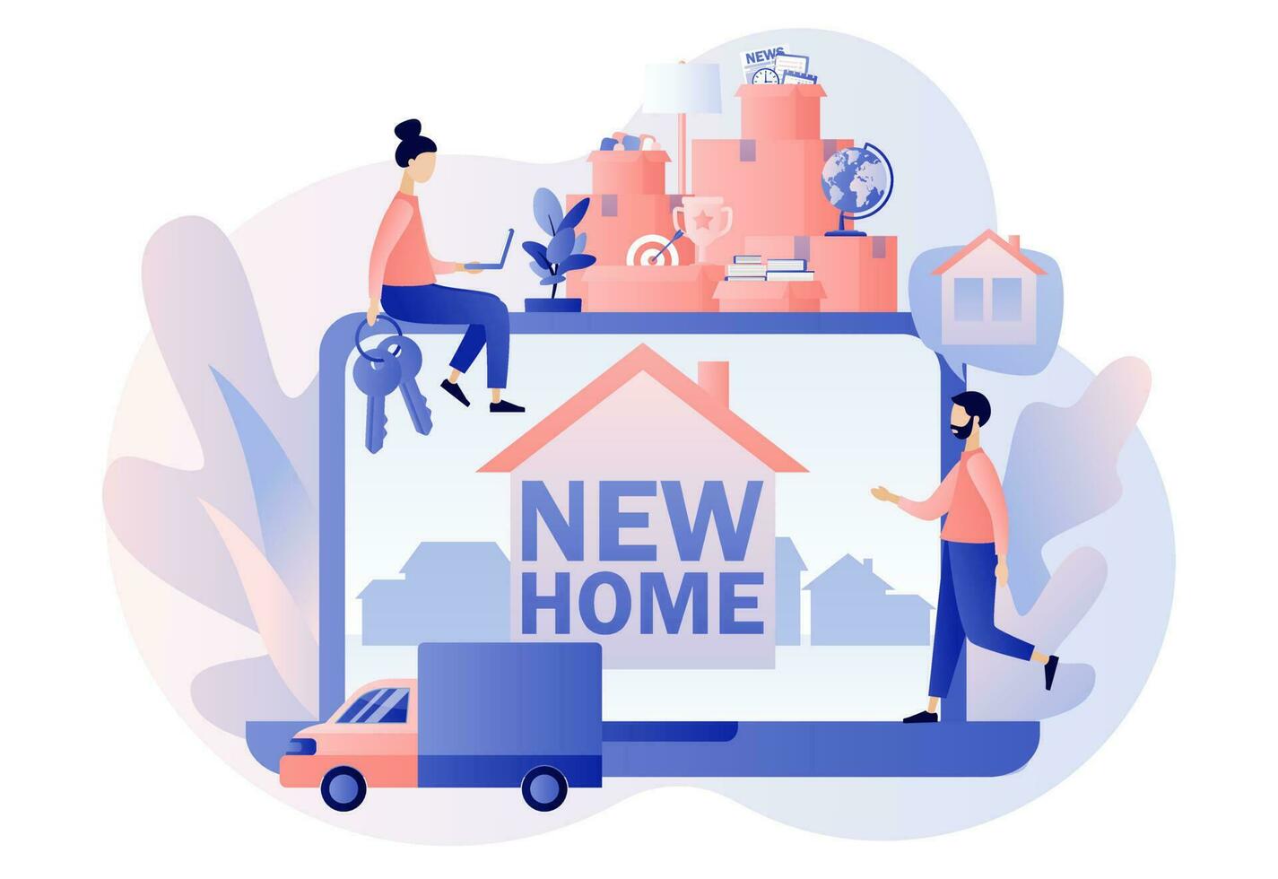 Moving concept. Transporting things and objects in the truck. Tiny people moved to new home. Cardboard boxes with various things. Modern flat cartoon style. Vector illustration on white background