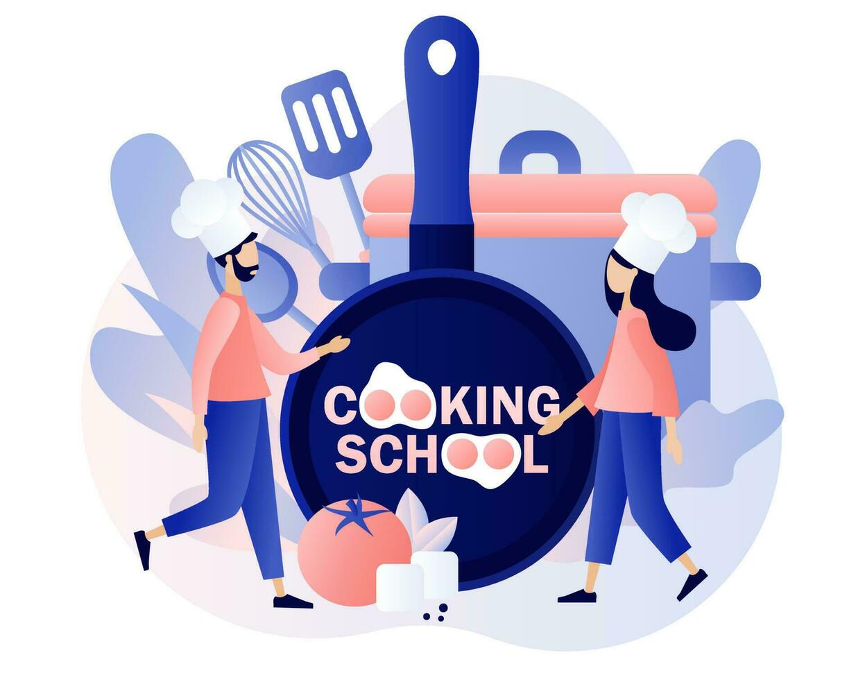 Cooking school - text on kitchen frying pan. Tiny chef in hat with kitchen tools and foods. Culinary master class online. Modern flat cartoon style. Vector illustration on white background
