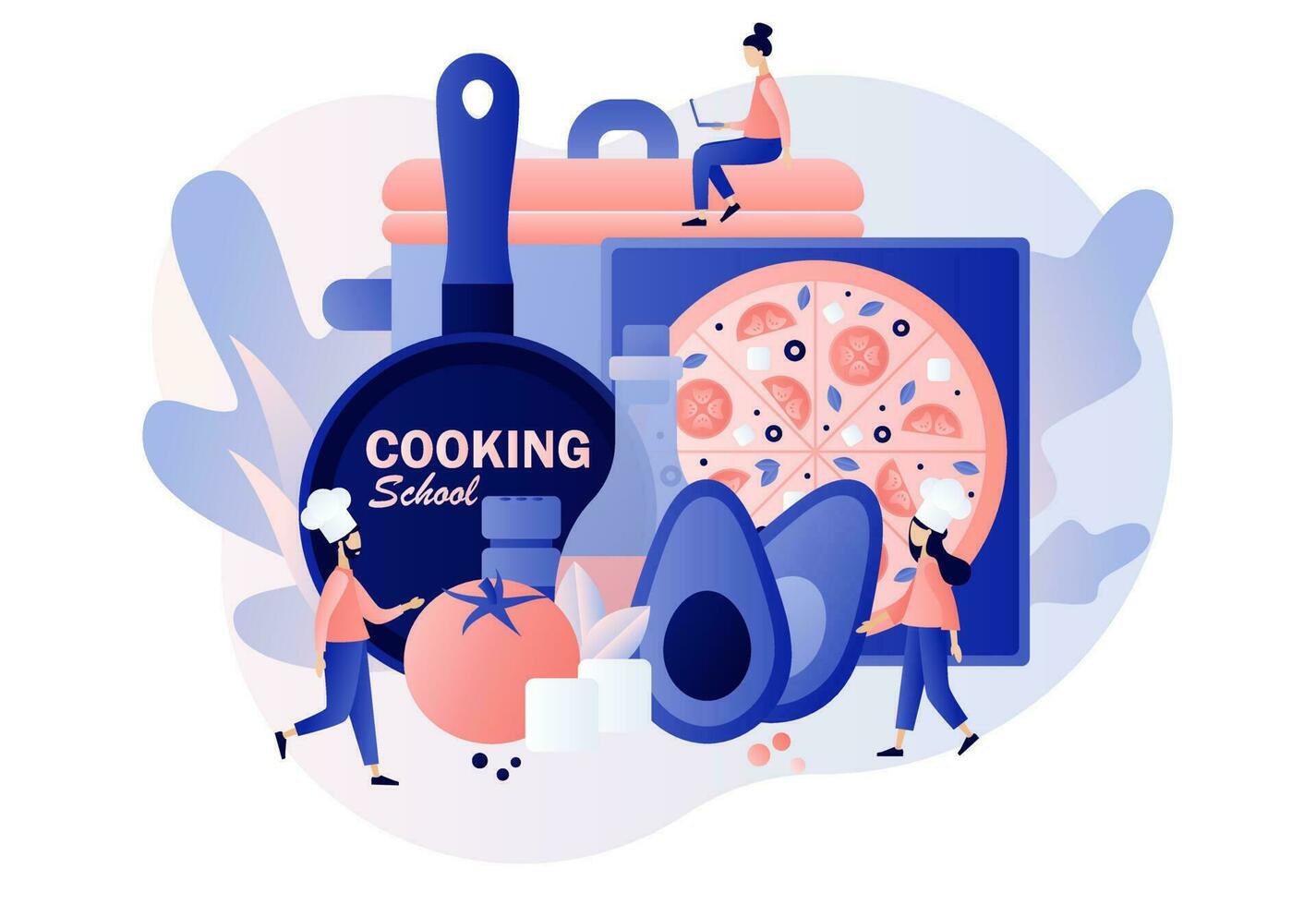 Tiny people in hat with kitchen tools and foods. Cooking school - text on kitchen frying pan. Culinary master class online. Modern flat cartoon style. Vector illustration on white background