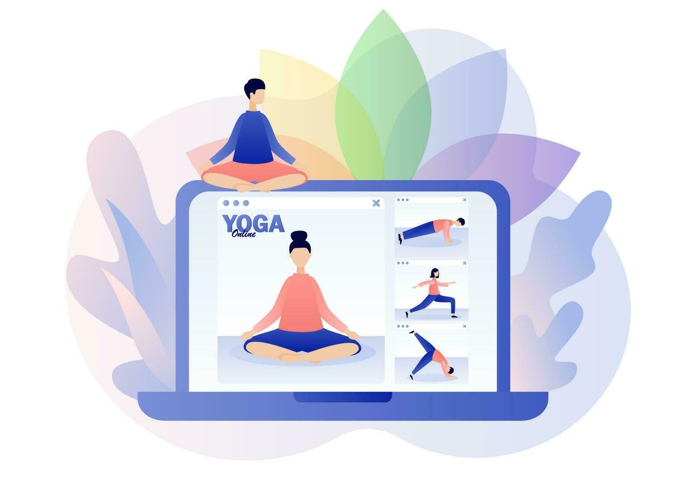Yoga online. Tiny people watching online classes use laptop, practicing hatha yoga, meditation. Stay home concept. Modern flat cartoon style. Vector illustration on white background