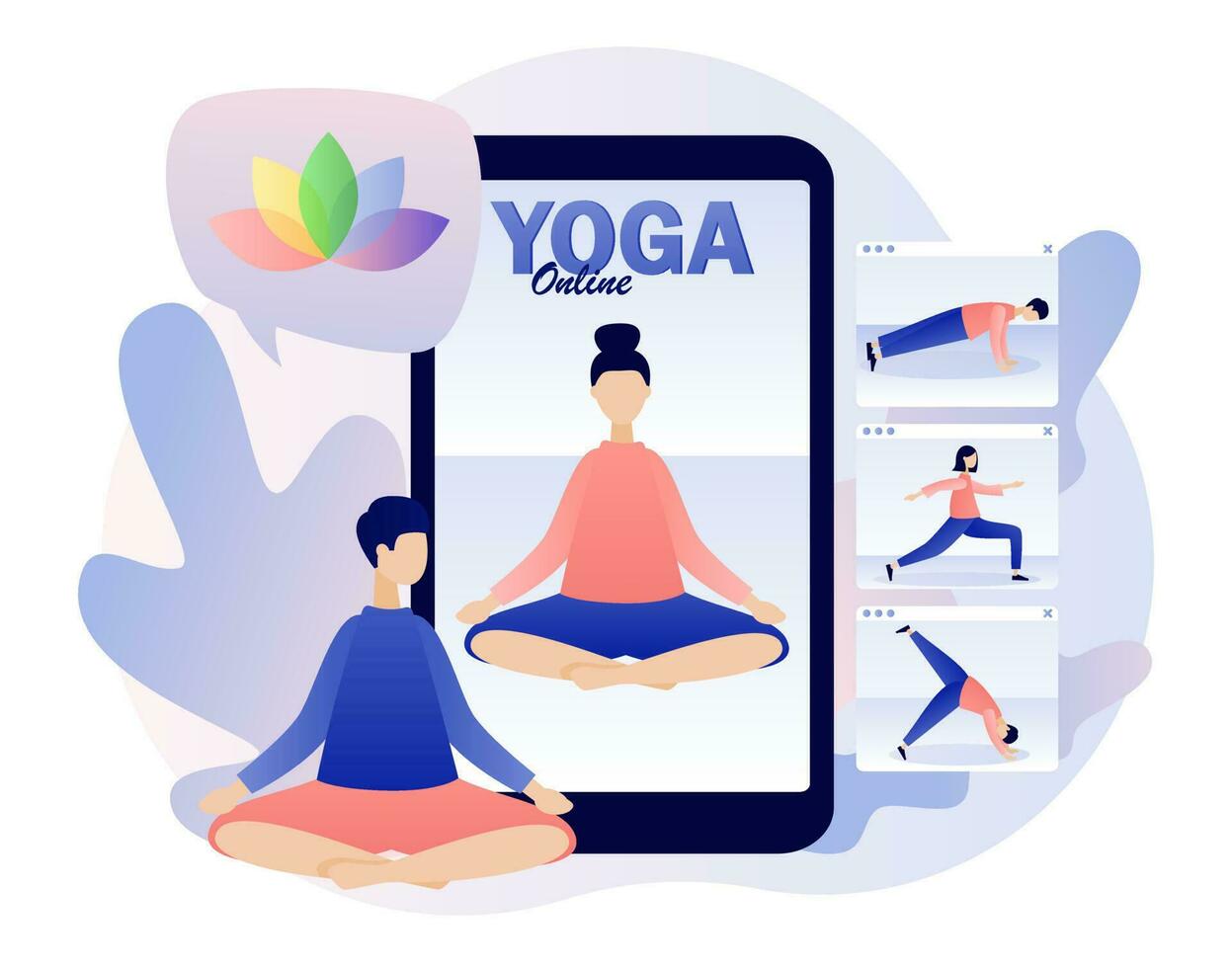 Yoga online. Tiny people watching online classes, practicing hatha yoga, meditation with smartphone app. Stay home concept. Modern flat cartoon style. Vector illustration on white background