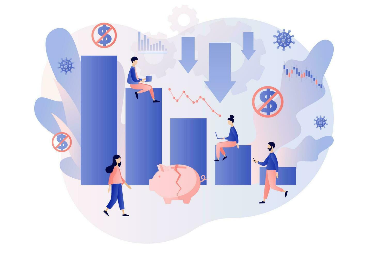 Business bankruptcy. Tiny businessmen in financial crisis. Economical loan payback problem, investment failure and budget collapse. Broken piggy bank. Modern flat cartoon style. Vector illustration