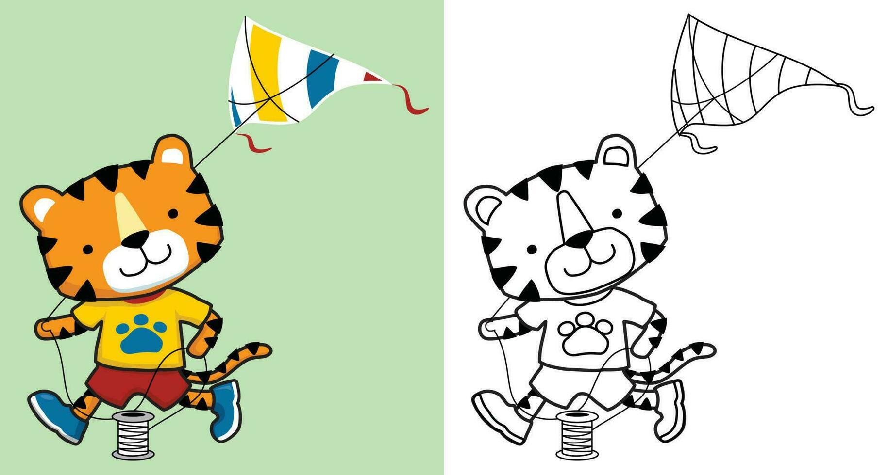 Vector illustration of funny tiger playing kite. Coloring book or page