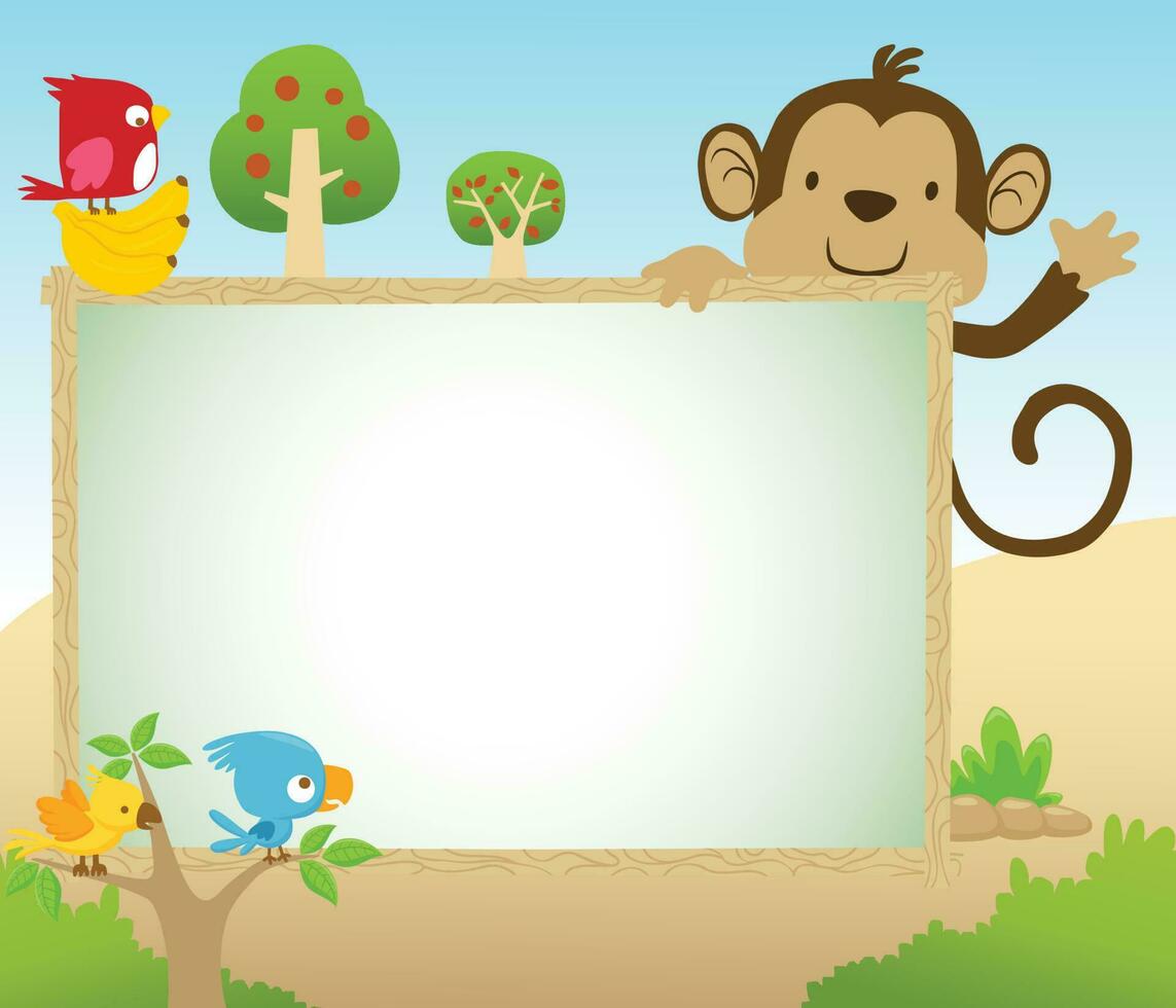 Vector cartoon of funny monkey and birds with banner