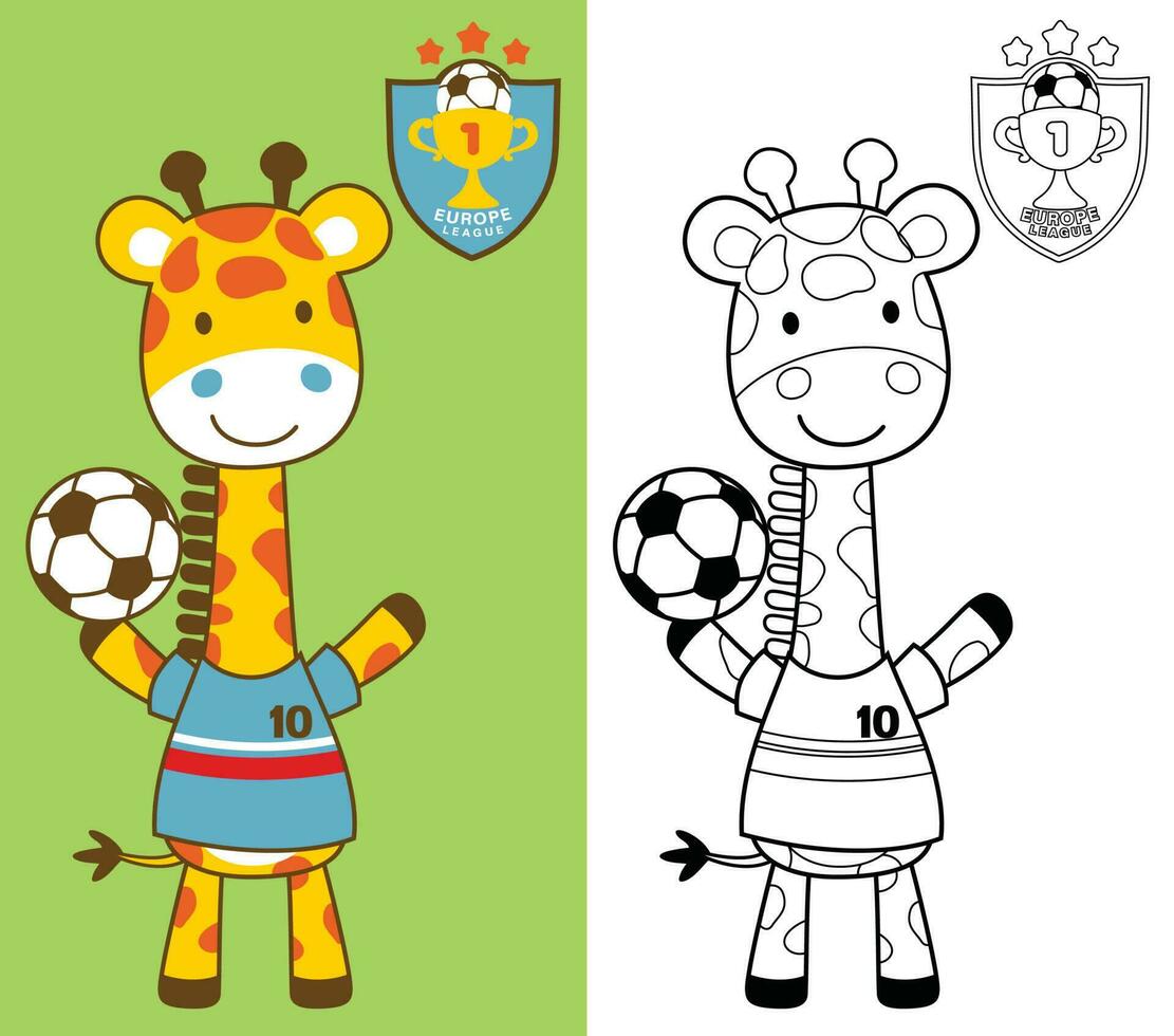 Vector cartoon of giraffe in soccer player costume holding soccer ball with soccer logo team, coloring book or page