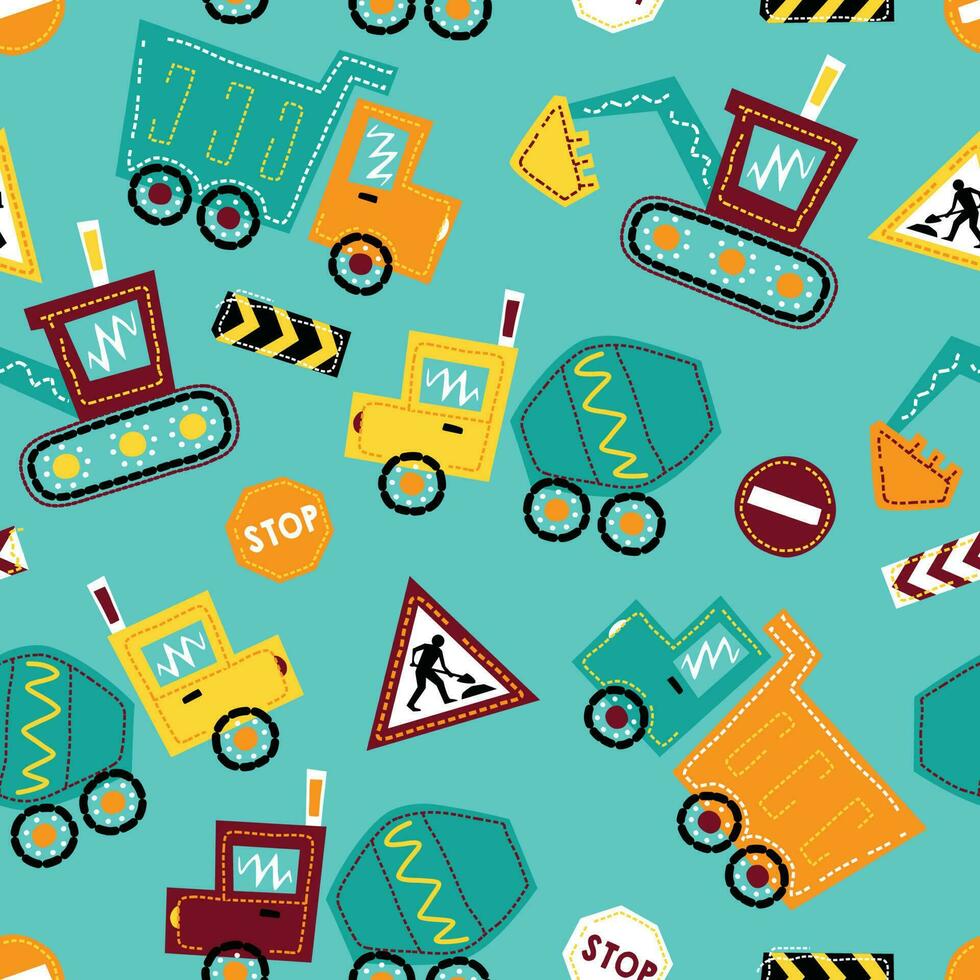Seamless pattern vector of construction vehicles cartoon with construction signs