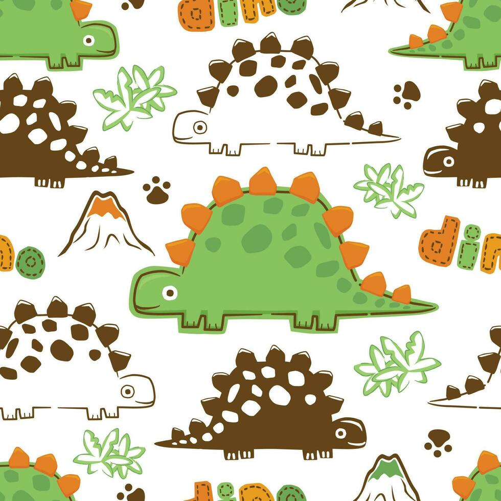 Seamless pattern vector of hand drawn dinosaurs cartoon. Prehistoric elements illustration