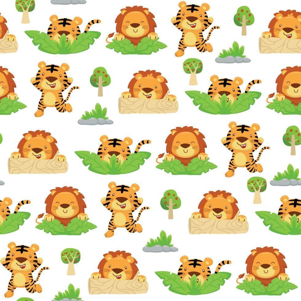 Seamless pattern vector of tiger and lion cartoon playing hide and seek