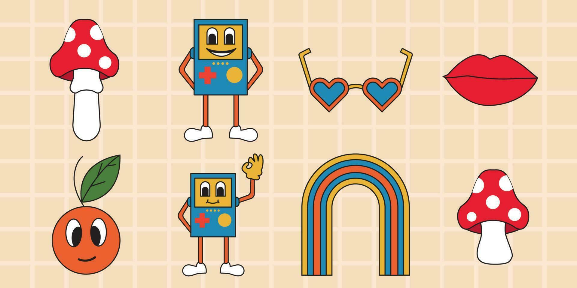 bundle set of 8 cute retro elements. vector illustration