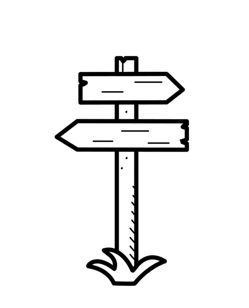A road sign with directions. Doodle vector of wooden arrows on a pole.