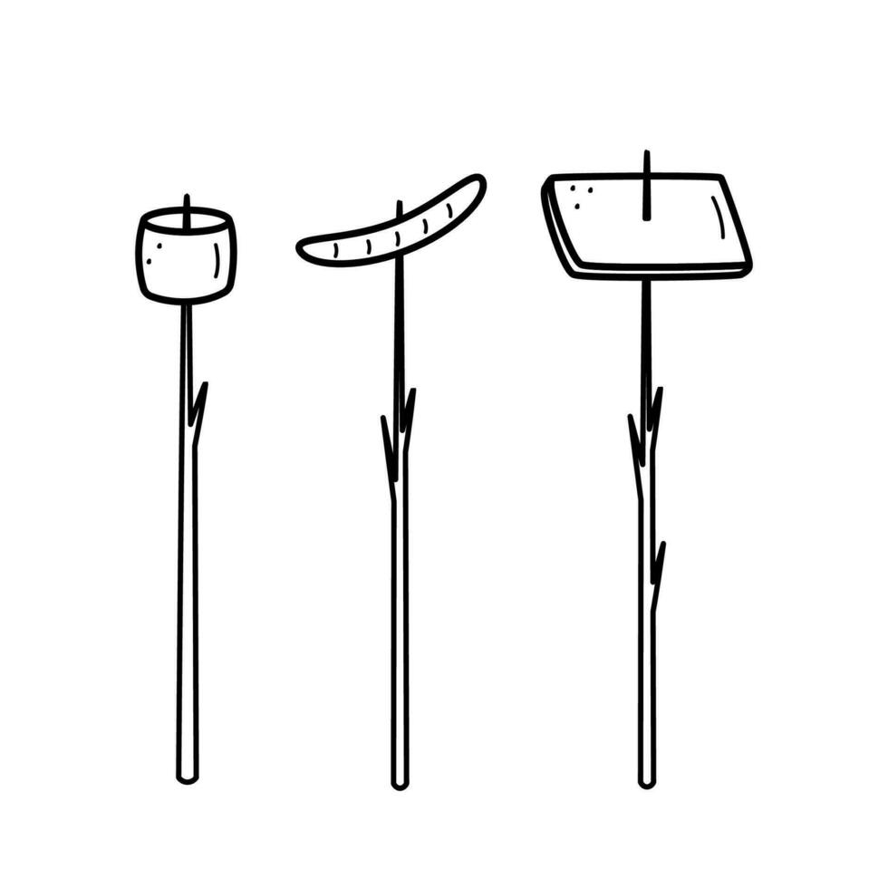 Sausage, bread and marshmallows on a branch. Fried food on a campfire, a snack on a hike, camping. Doodle vector illustration.