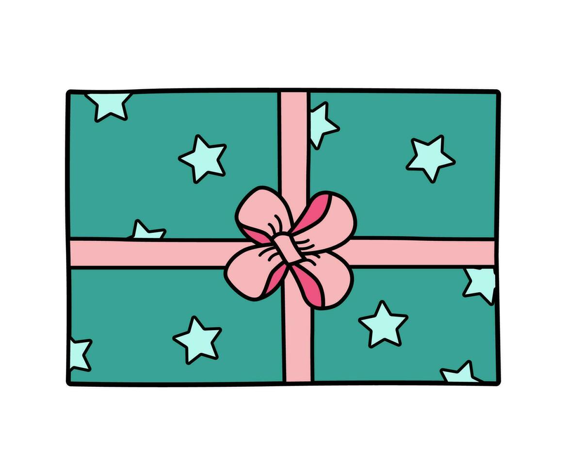 Gift box with bow. Vector illustration of colored icon of a festive present in a package. Isolated on white, box in wrapping paper.