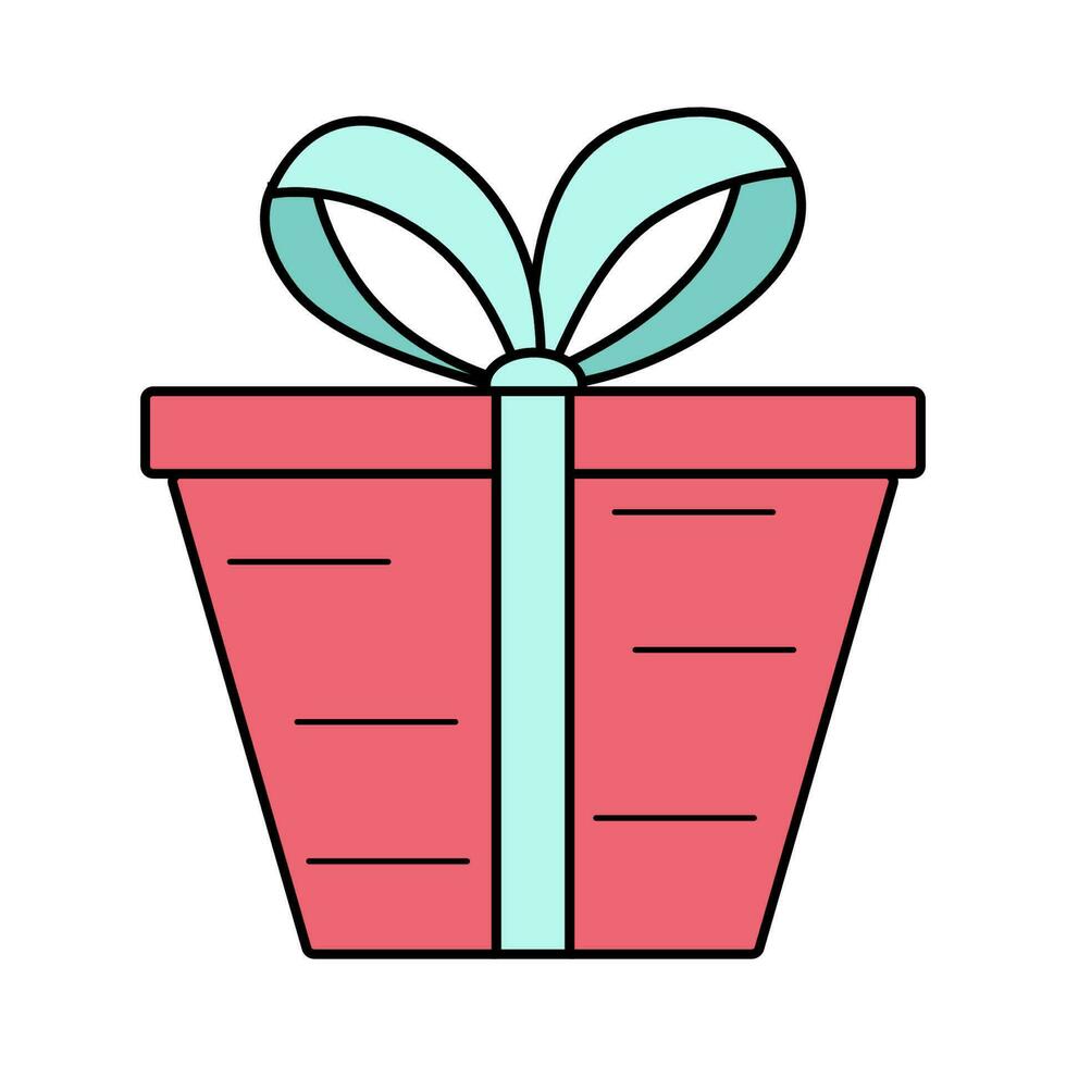Gift box with bow. Vector illustration of colored icon of a festive present in a package. Isolated on white, box in wrapping paper.