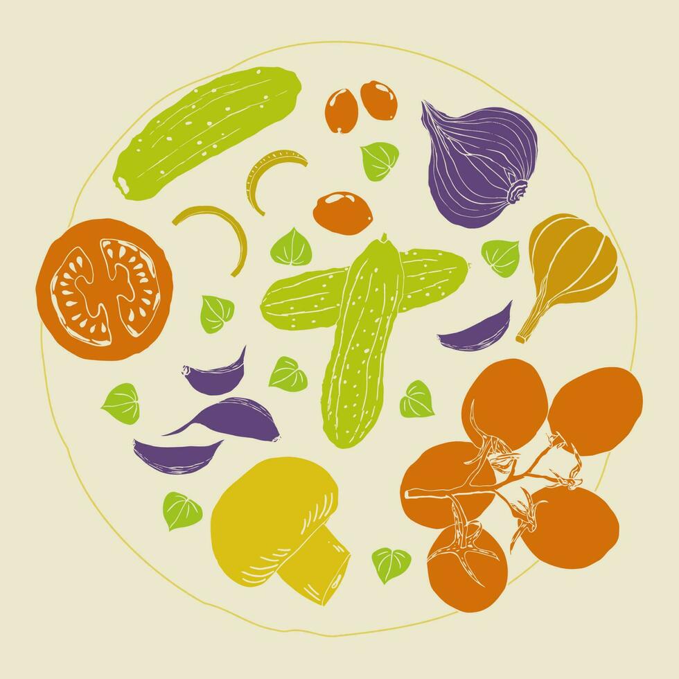 Vegetables illustration hand drawn retro style color circle composition vector