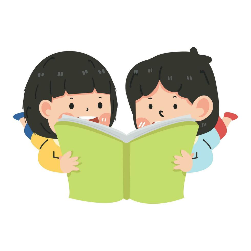 two girl reading a book cartoon vector