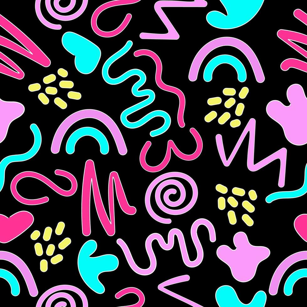 Colourful doodle seamless pattern with simple shapes on a black background. 90s trendy squiggle vector design.