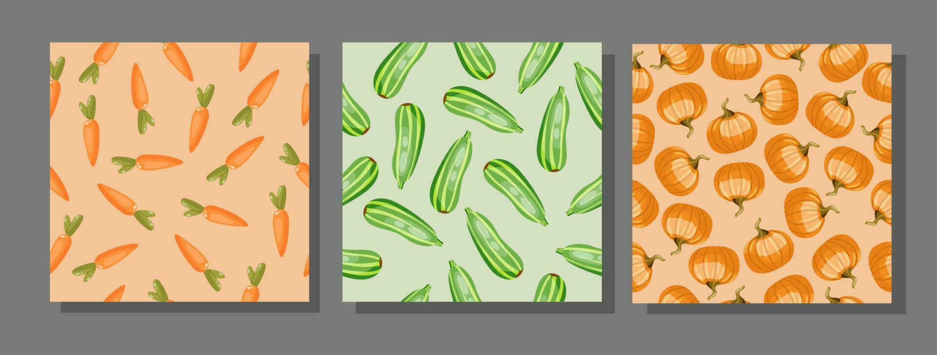 Set of seamless handdrawn patterns with carrots, pumpkin, zucchini vegetables. Colourful vector design.