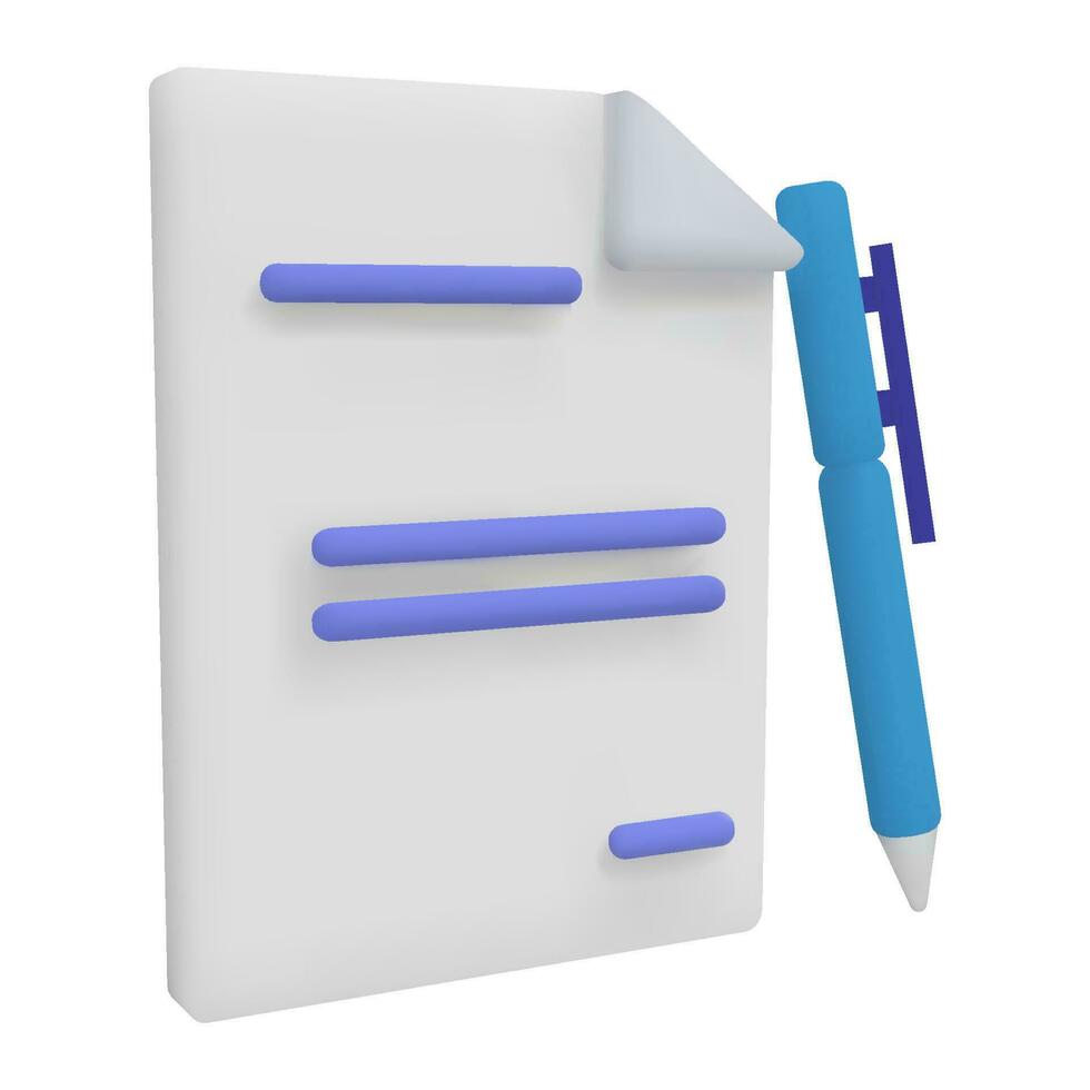 3d render Icon of Document Paper  Files. Business Concept. Isolated Vector Illustration. Pen standing near Document